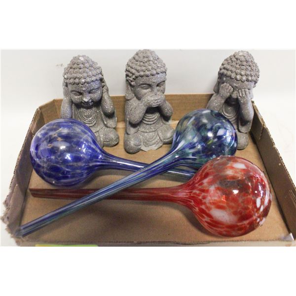 LOT OF 3 SELFWATERING GLOBES & 3 ZEN FIGURES