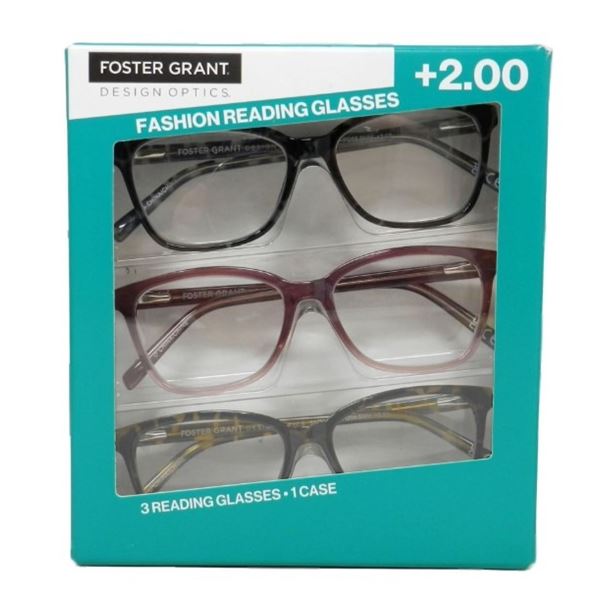 NEW PACK OF 3 FOSTER GRANT +2.00 READING GLASSES