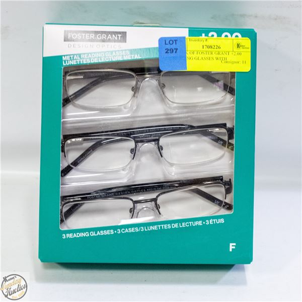 3 PACK OF FOSTER GRANT +2.00 READING GLASSES WITH