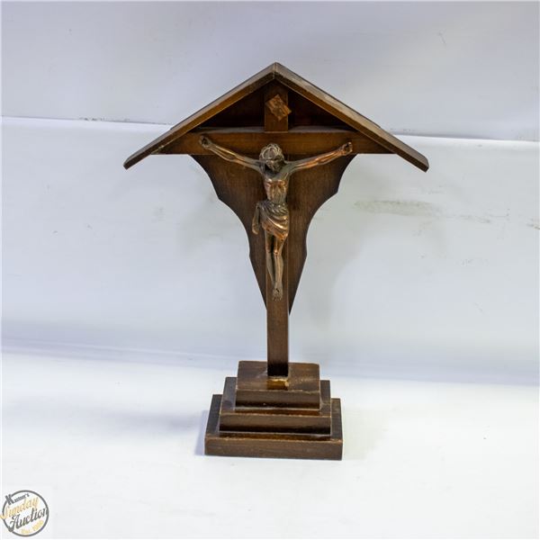 COPPER AND WOOD RELIGIOUS ARTIFACT H-12"
