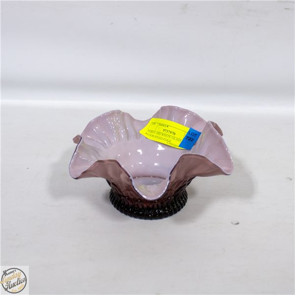 PURPLE AND WHITE GLASS BOWL WITH RUFFLED EDGE.
