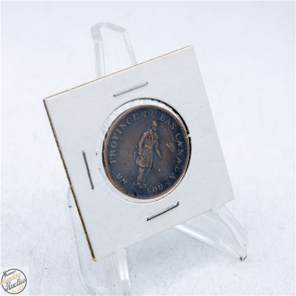 1837 PROVINCE DU BAS CANADA UN SOU PENNY TOKEN