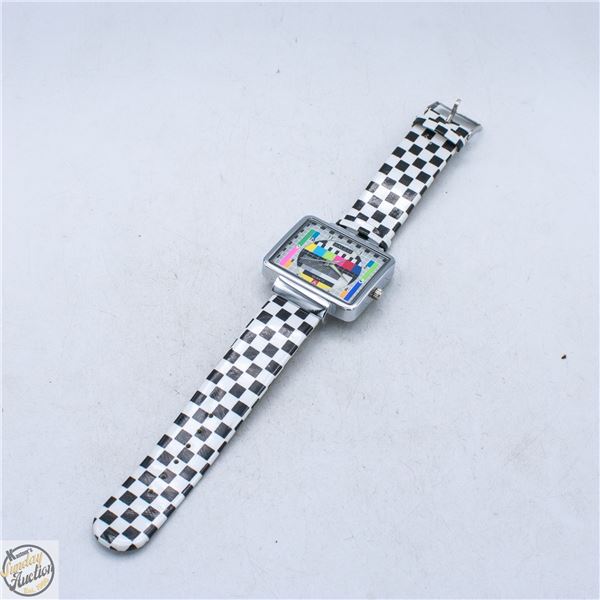 JIALILEI COLOR TV DIAL WATCH ON CHECKER STRAP