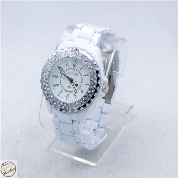 NEW SINOBI CRYSTAL SET BEZEL WATCH ON METAL WHITE