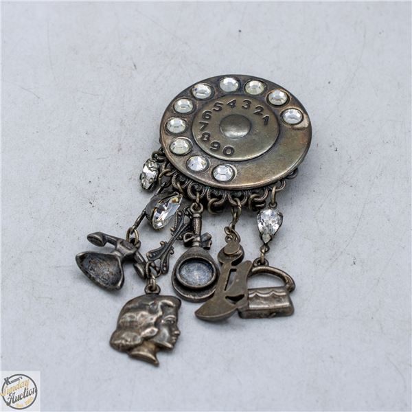 VINTAGE TELEPHONE CHARM BROOCH