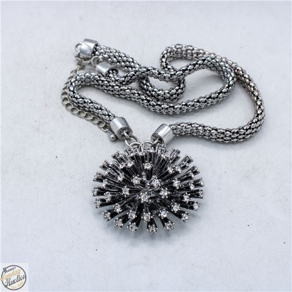 SILVER-TONE ATOMIC STARBURST RHINESTONE NECKLACE
