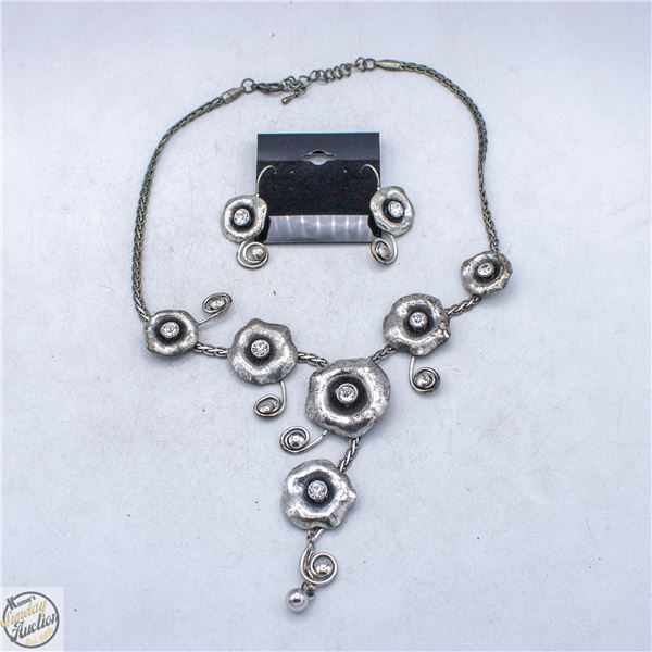 LARGE SILVERSTONE FLORAL EARRING AND NECKLACE SET