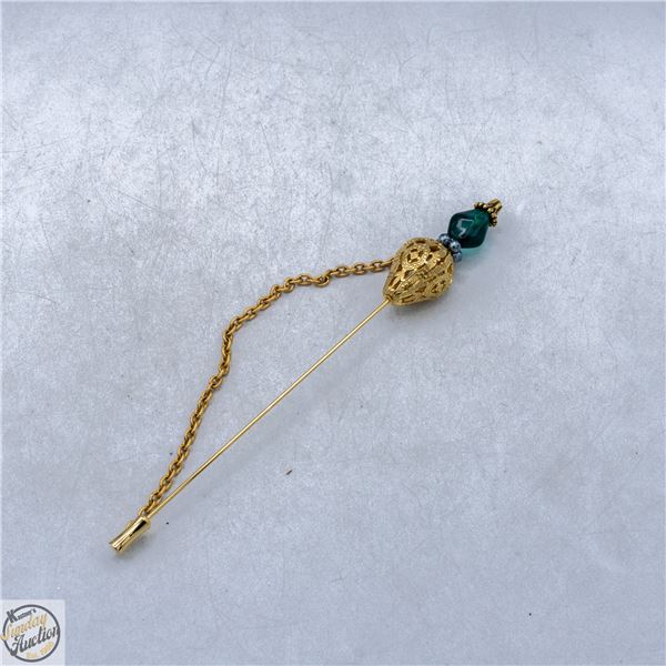 VINTAGE GOLD-TONE ORNATE HATPIN WITH GLASS BEAD