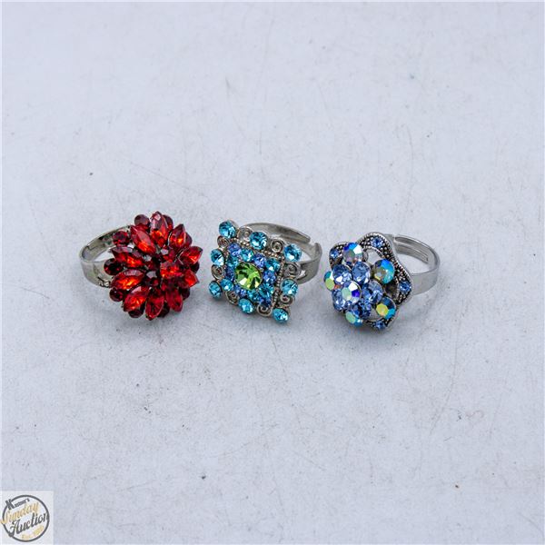 3 RHINESTONE RINGS ADJUSTABLE
