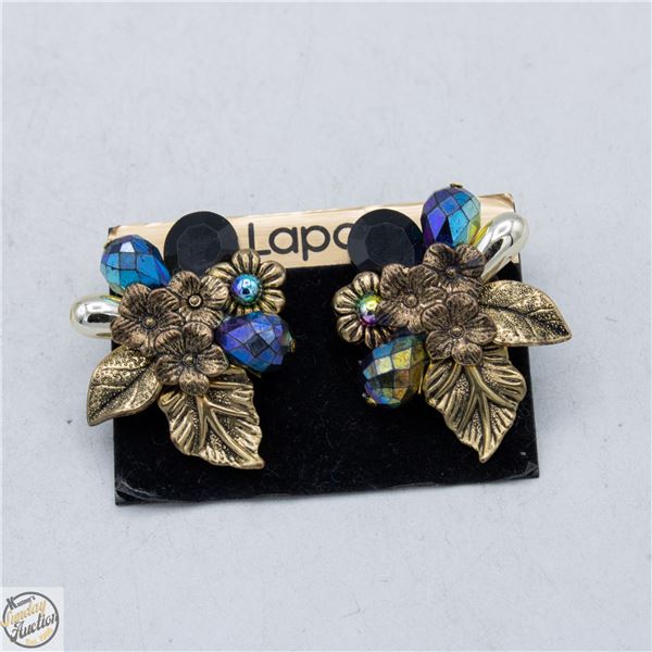 VINTAGE BLACK BEAD CLUSTER GOLD TONE EARRINGS
