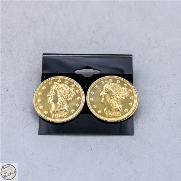 VINTAGE GOLD-TONE COIN-STYLE EARRINGS 1906 US LIBE