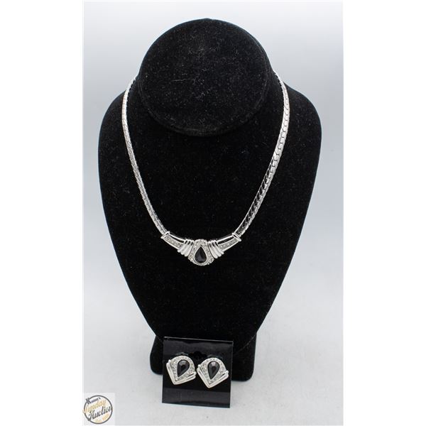 MATCHING SILVER-TONE BLACK TEARDOP NECKLACE &