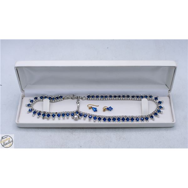 BLUE & CLEAR COLOR RHINESTONE DROP NECKLACE &