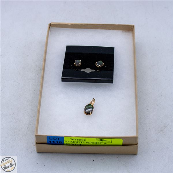 14K GOLD AMMOLITE PENDANT & EARRING SET WITH
