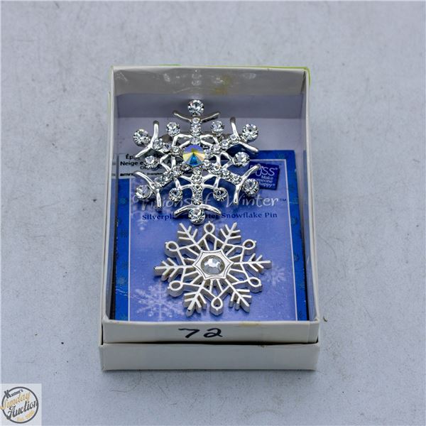 2 RHINESTONE SILVER-TONE SNOWFLAKE PIN/BROOCHES