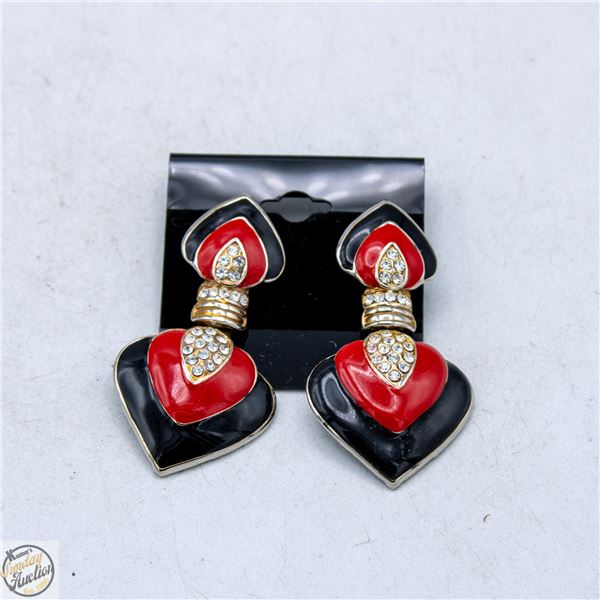 VINTAGE RED & BLACK ENAMEL RHINESTONE EARRINGS