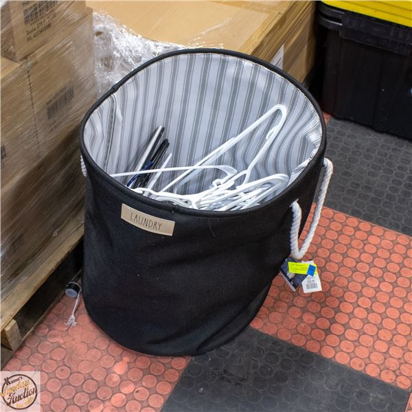 RAE DUNN LAUNDRY HAMPER WITH ESTATE HANGERS INSIDE