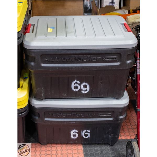 PAIR OF ACTION PACKER RUBBERMAID STORAGE BOXES