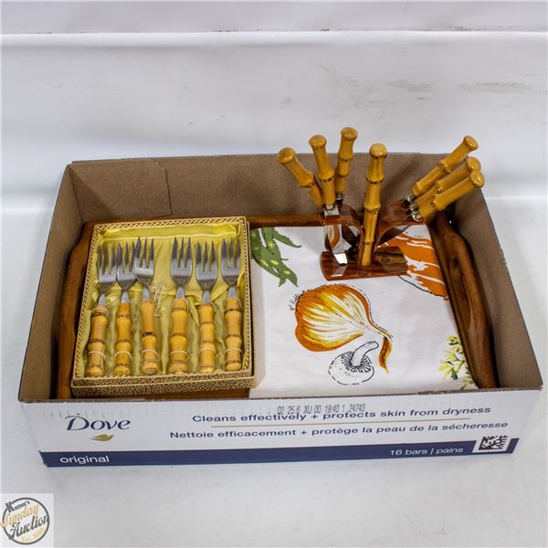 BAMBOO FORKS & FRUIT KNIVES, TEAK FRAME, TEA