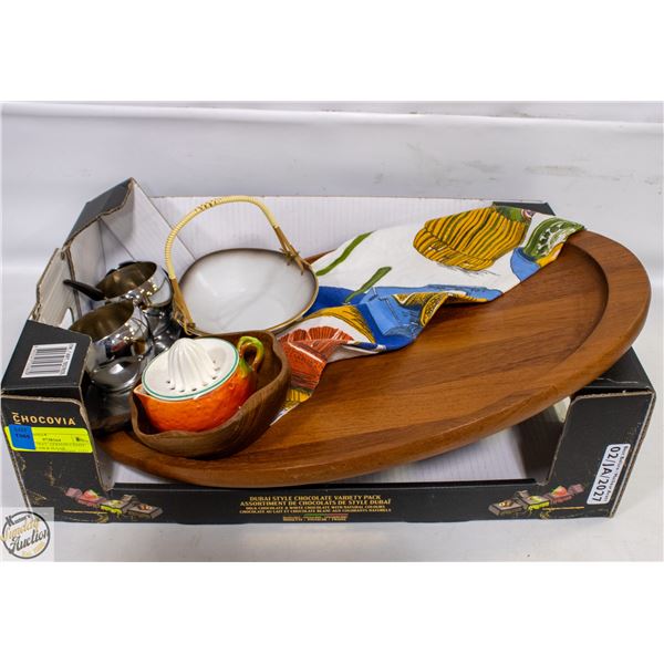 LG TEAK TRAY, GERMAN CANDY DISH, CREAM & SUGAR,