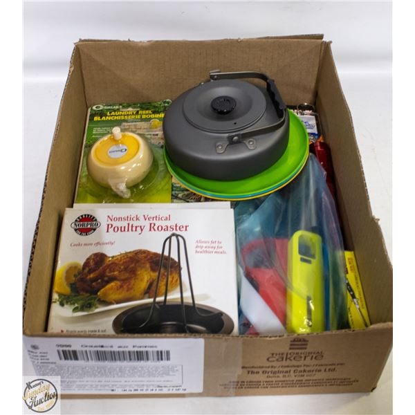 FLAT OF ASST. CAMPING ITEMS & 2 BOOKS