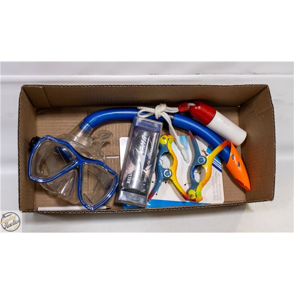 FLAT OF SNORKEL, GOGGLES, SWIM GOGGLES,