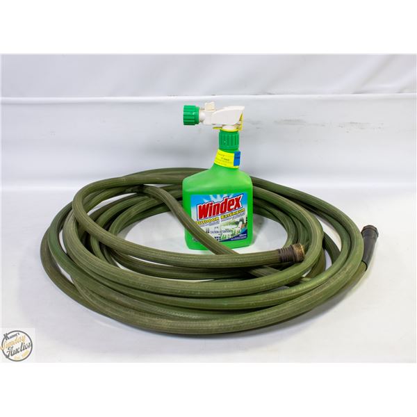 GARDEN HOSE WITH FULL BOTTLE OF OUTDOOR WASH