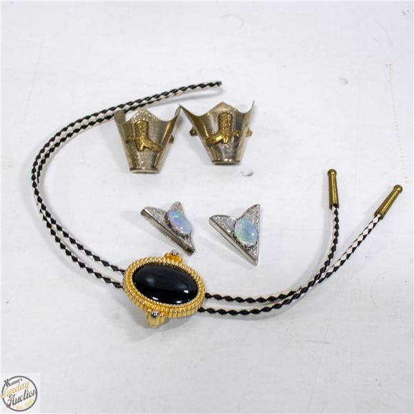 VINTAGE COWBOY BOOT TIPS, COLLAR TIPS, BOLO TIE.