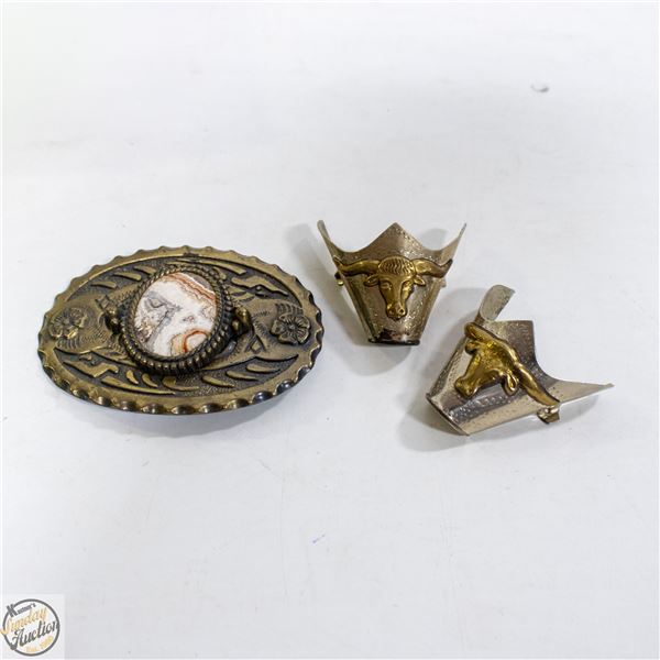 VINTAGE COWBOY BOOT TIPS AND BELT BUCKLE