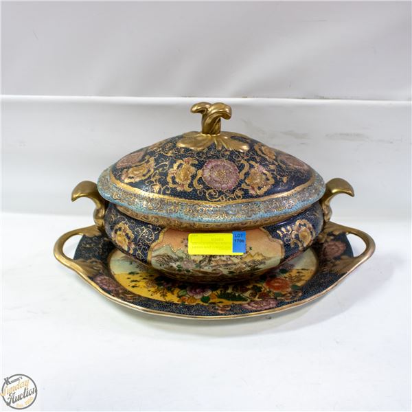 VINTAGE SATSUMA PORCELAIN LIDDED SOUP TUREEN AND