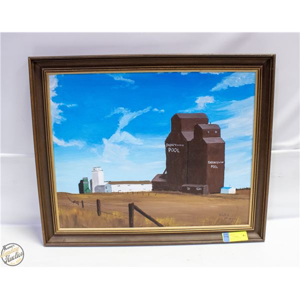 PAINTED SCENE OF GRAIN ELEVATORS 16" x 20"