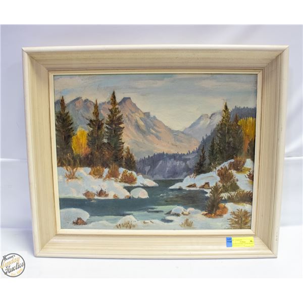PAINTED EVENING SCENE ROCKY MOUNTAINS 16" X 20"