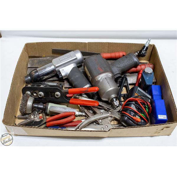 BOX W/ VARIOUS TOOLS AND MULTIMETER