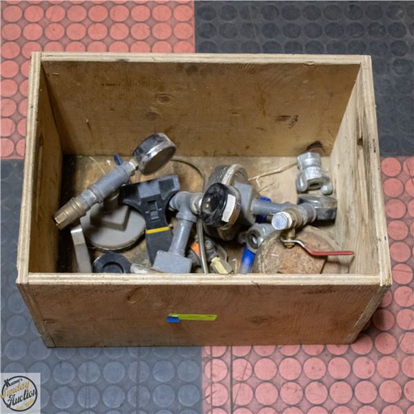 CRATE OF VARIOUS VALVES, GUAGES + FITTINGS