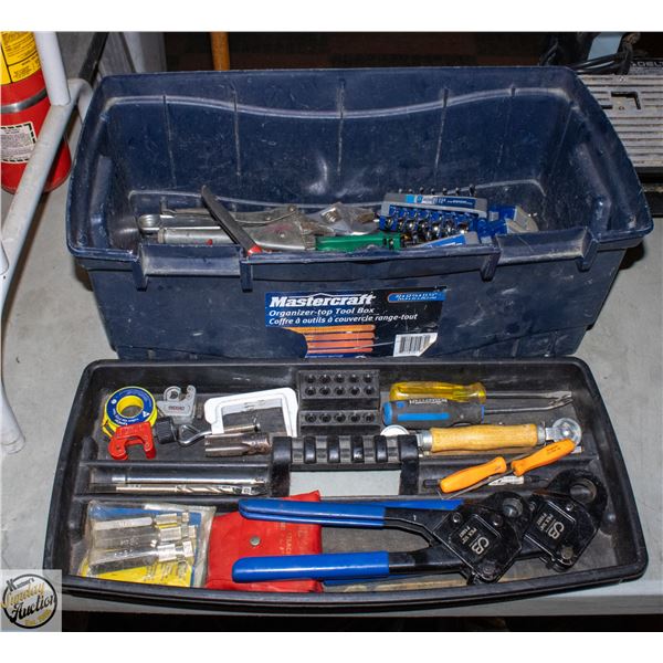 TOOL BOX W/ PEX CRIMPERS, PLIERS, CUTTERS ETC