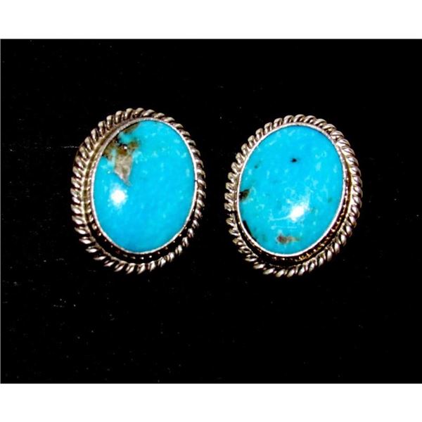 Navajo Kingman Turquoise Post Earrings Sterling Silver Native American