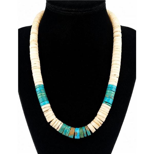 Vintage Kewa Santo Domingo Rolled Clam Shell & Turquoise Heishi Necklace