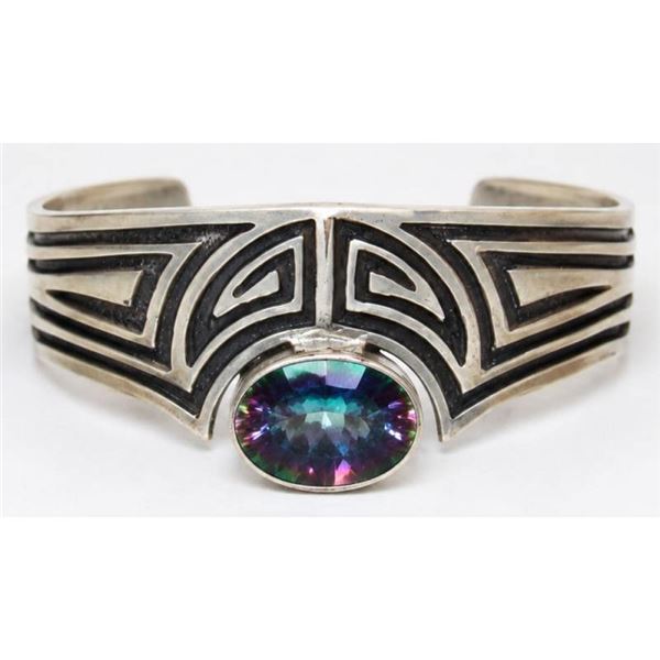 Navajo Sterling Silver Mystic Topaz Native American Cuff Bracelet C. Johnson