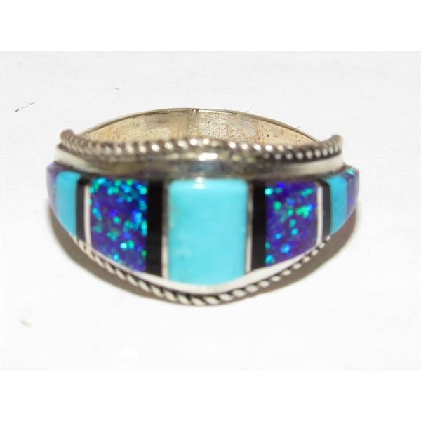 Zuni Turquoise Opal Inlay Ring Sz 8 Sterling Silver D. Luna