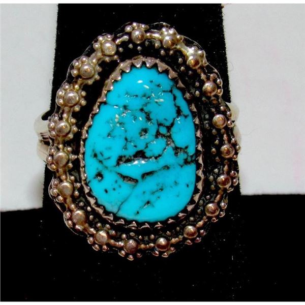 Navajo Kingman Turquoise Statement Ring Sz 7 Sterling Silver Signed Native