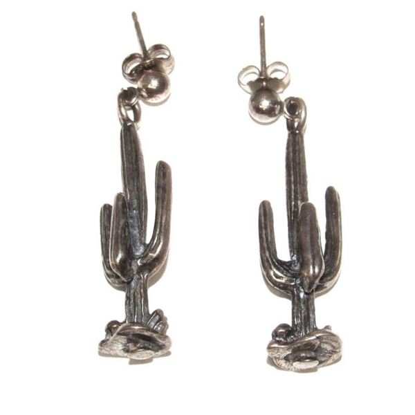 Vintage Southwestern Silver Saguaro Cactus Dangle Earrings