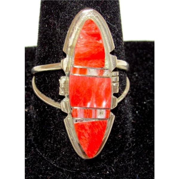 Navajo Red Orange Spiny Inlay Ring Sz 11 Sterling Silver E. Yazzie