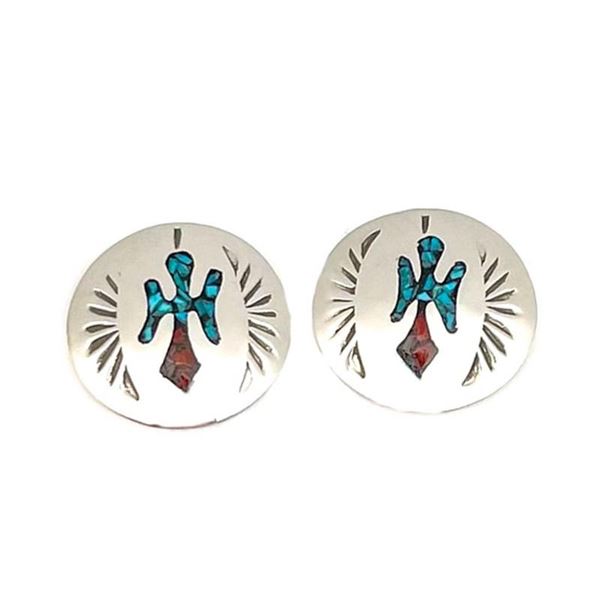Navajo Earrings Peyote Bird Design Turquoise Coral Inlay J.Yazzie
