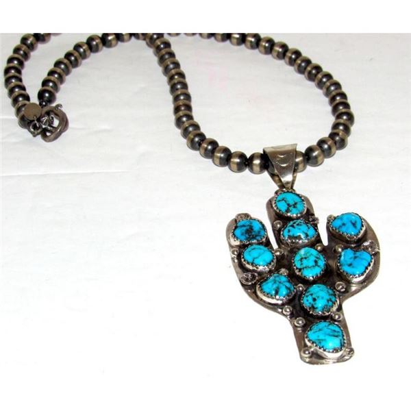 Navajo Kingman Turquoise Cactus Pendant Sterling Navajo Pearls