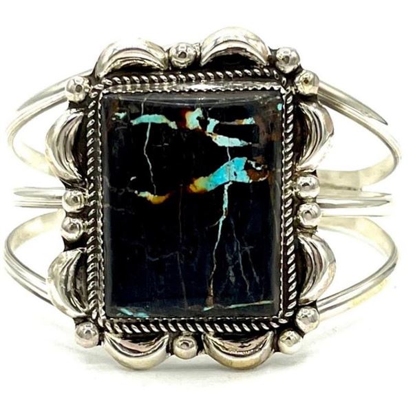 Navajo Statement Black Jack Turquoise Cuff Bracelet Sterling Silver D. Nez