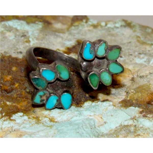 Old Pawn Zuni Turquoise Inlay Bypass Ring Sterling Silver Size 6 Adjustable