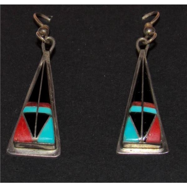 Navajo Turquoise Jet Inlay Earrings Sterling Silver Teme Sunburst Handcarfts