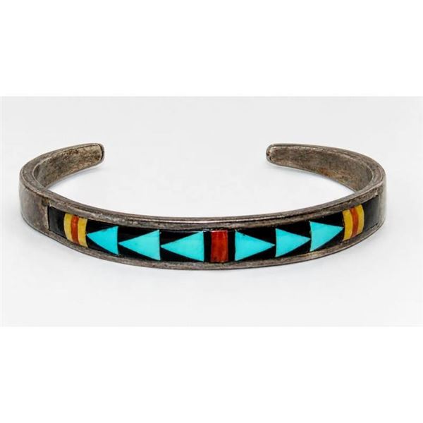 Vintage Zuni Turquoise Multi Stone Inlay Stacker Cuff Bracelet Sterling Singed