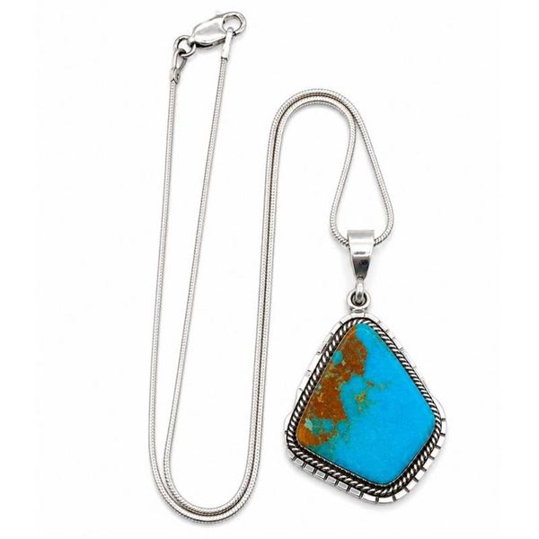 Navajo Pilot Mountain Turquoise Pendant Sterling Silver Necklace Arkie Nelson