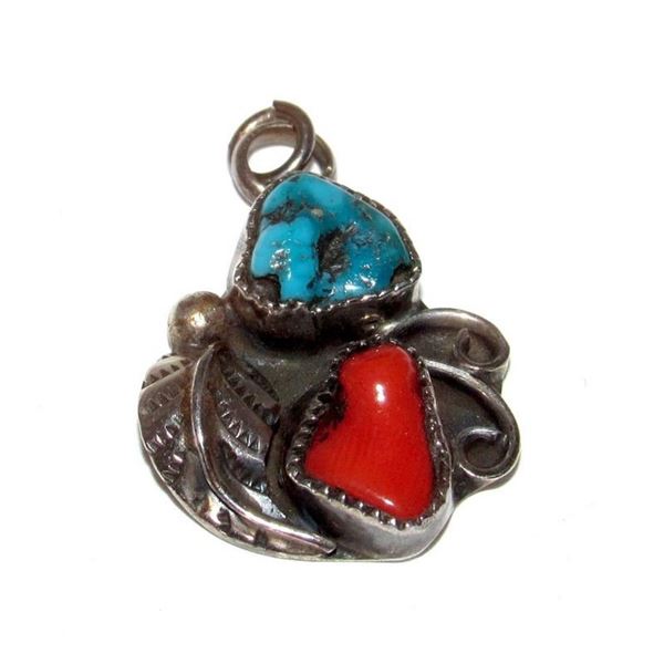 Vintage Navajo Sterling Silver Turquoise Coral Pendant Charm